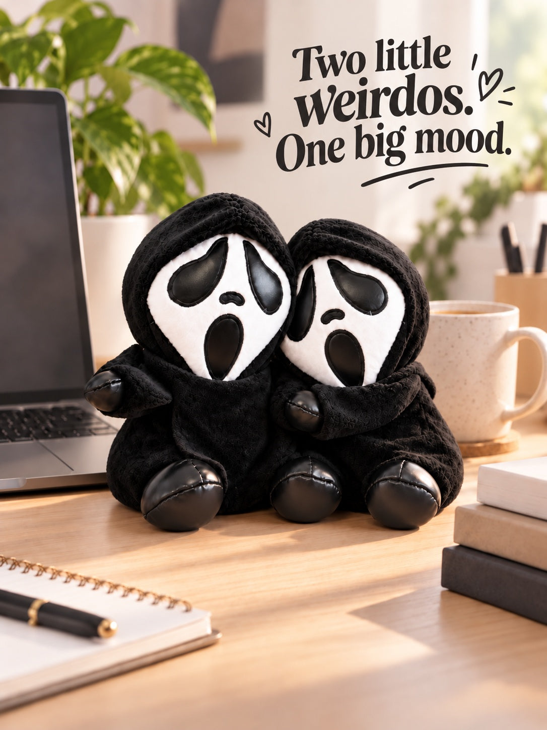 Gloomy Oddboo Buu Evil plush duo sitting on a desk, bringing spooky charm to any workspace.