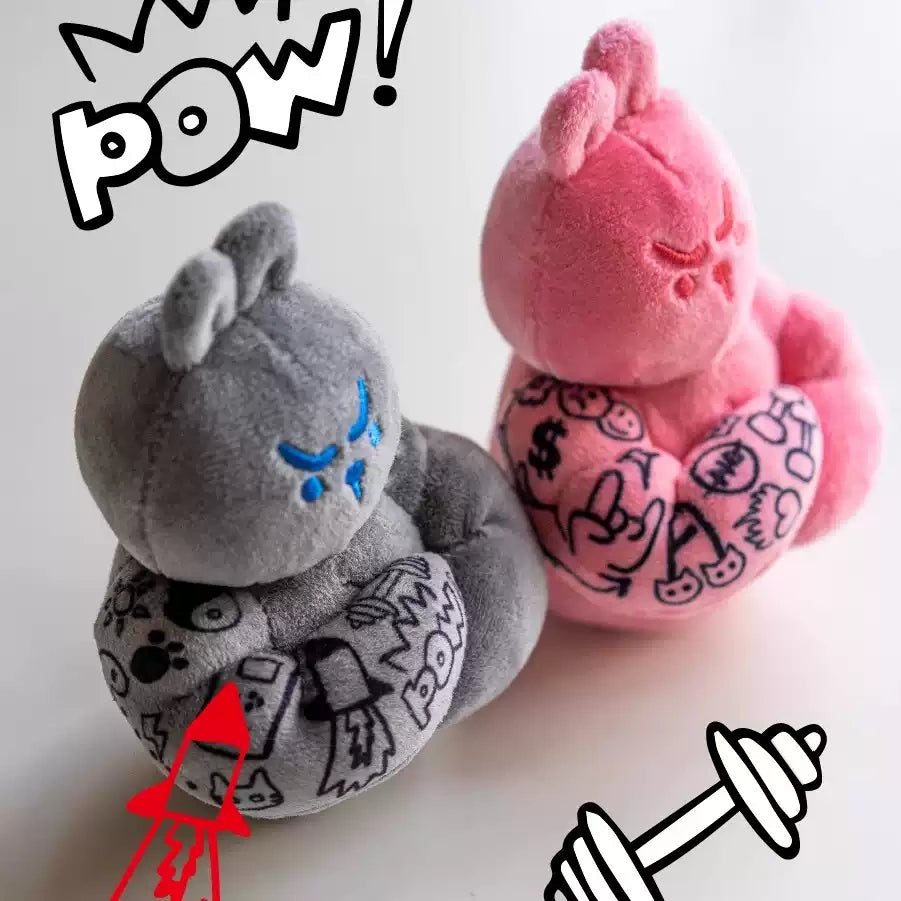 Tattooed workout bunny plush keychain pair in grey and pink with POW doodle, kawaii gym accessory gift