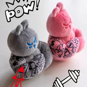 Tattooed workout bunny plush keychain pair in grey and pink with POW doodle, kawaii gym accessory gift
