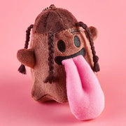 Monster Crew Plush Bag Charm featuring a cute monster with pigtails and a pink tongue on a pink background.